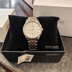 Seiko Men's Solar Classic Gold Silver Stainless Steel White Dial Watch SUP864